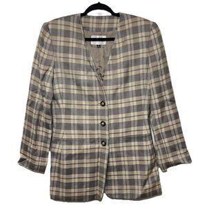 Le Suit Blazer Women’s Plaid Suit Jacket Brown Beige Size 8 Buttons Lined